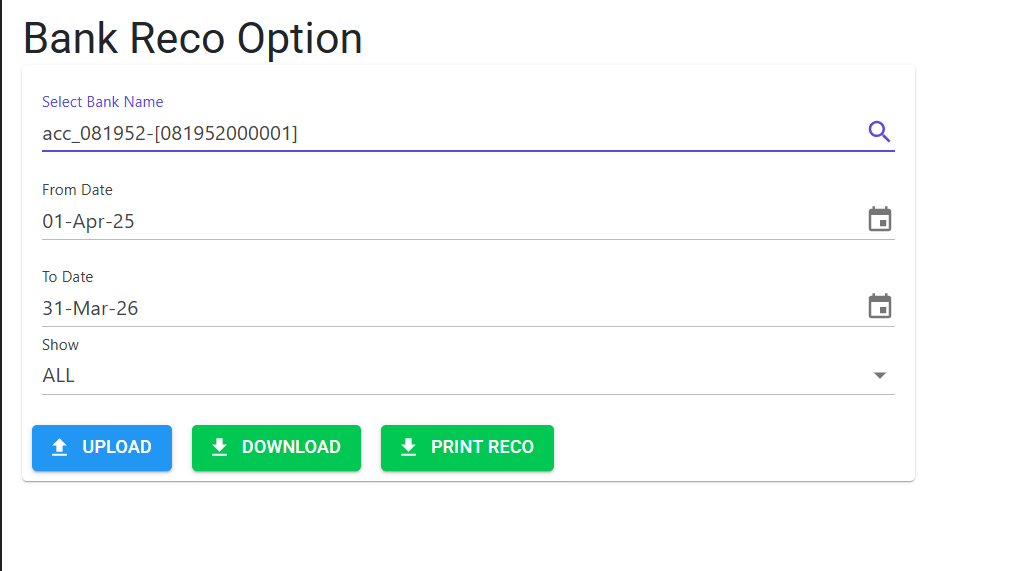 Bank Reconciliation Screen