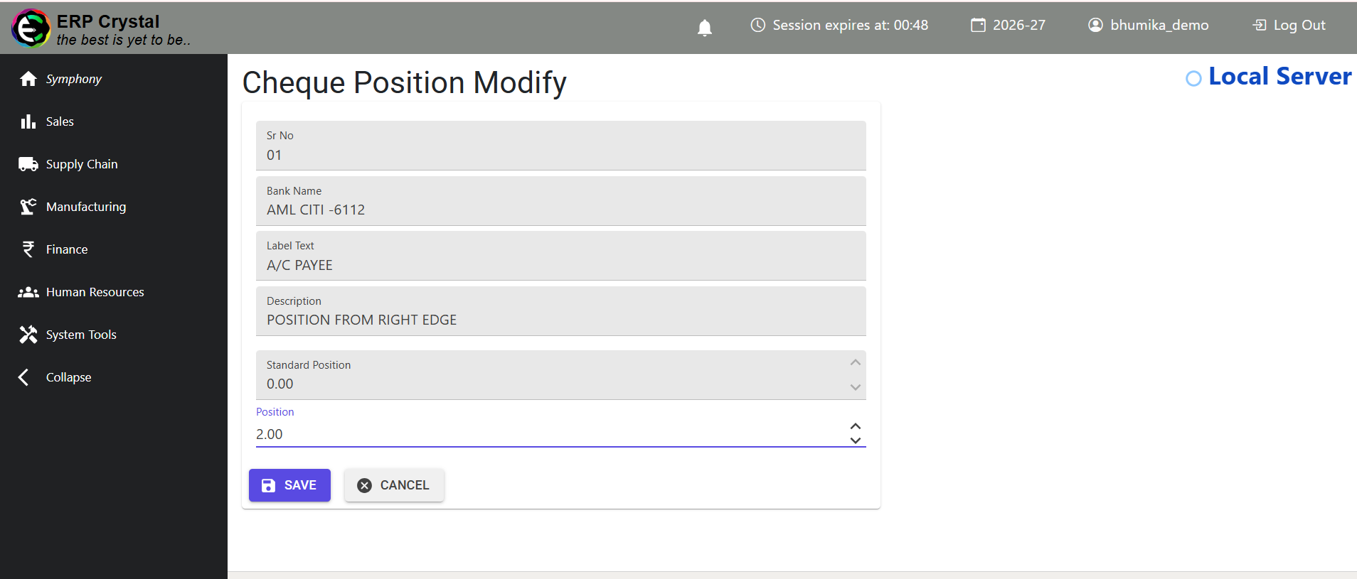 Cheque Position Modify
