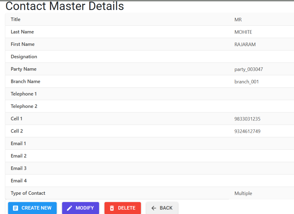 Contact Master Details Screen