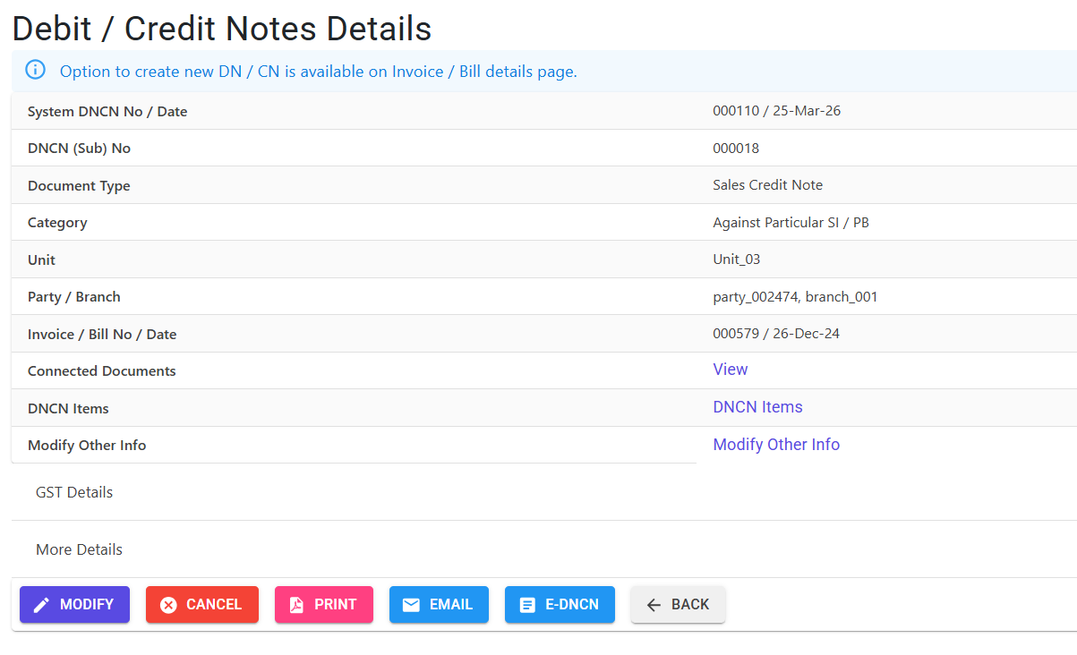 Debit/Credit Note Details