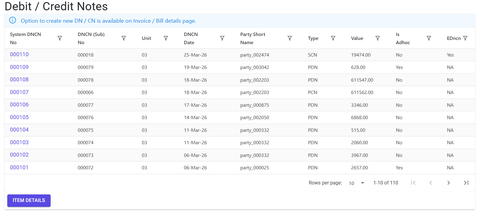 Debit/Credit Note Index Page