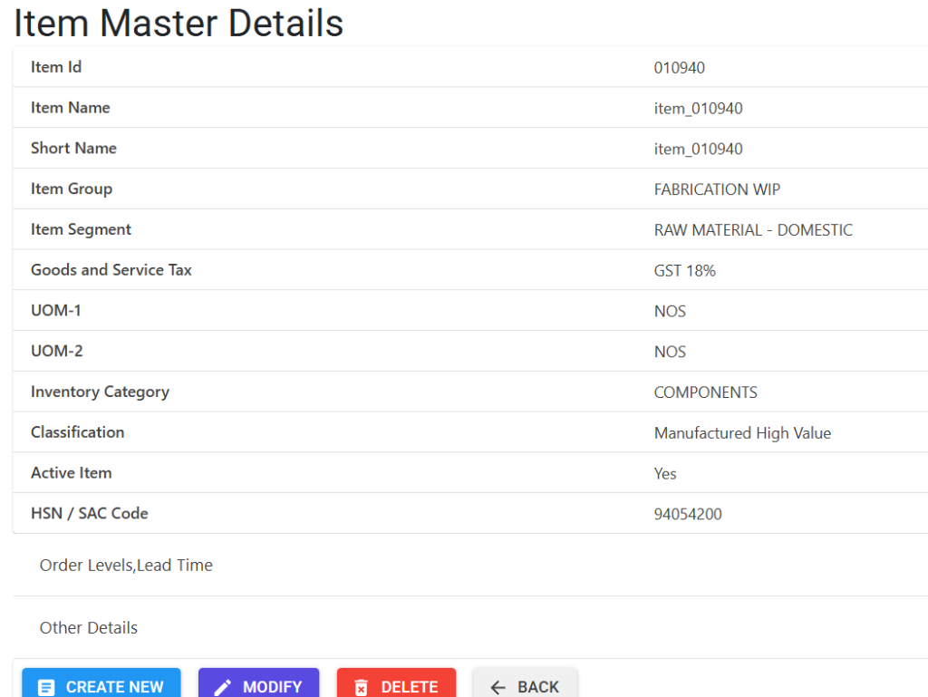Item Master Details Screen