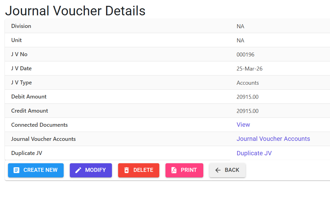 Journal Voucher Details Screen