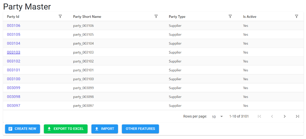 Party Master Index Page
