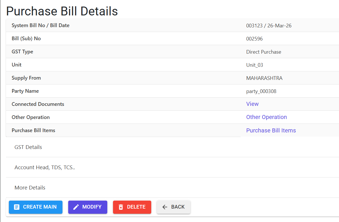 Purchase Bill Creation Details