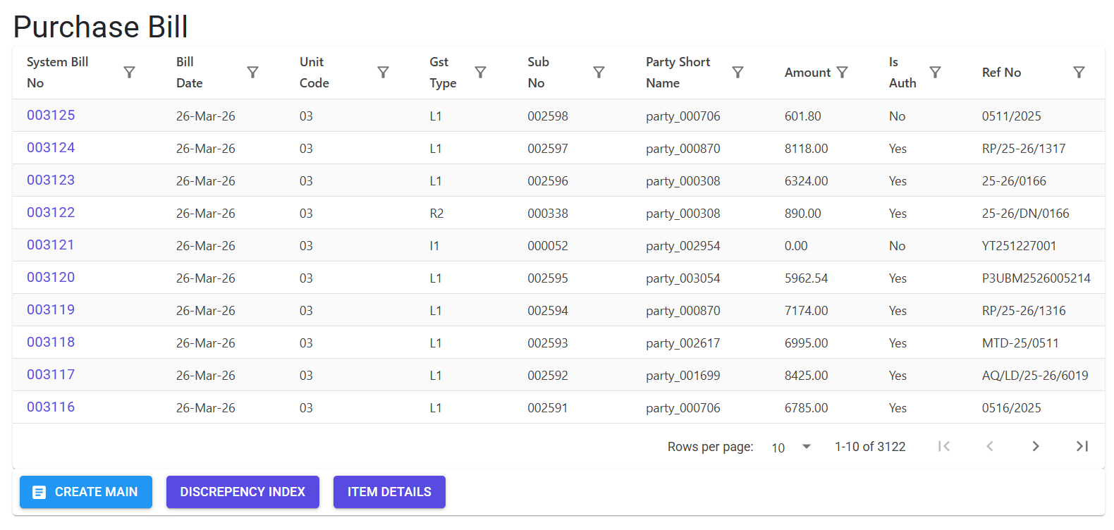 Purchase Bill Index Page