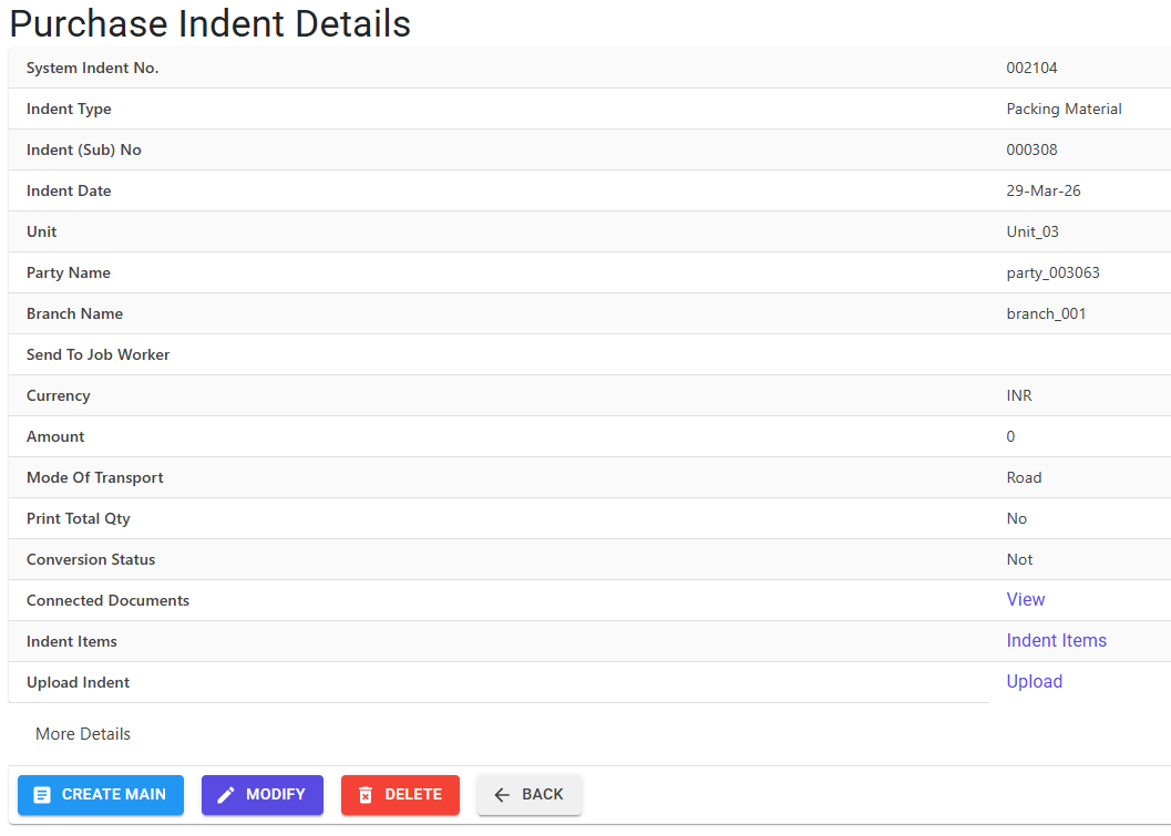 Purchase Indent Creation Details