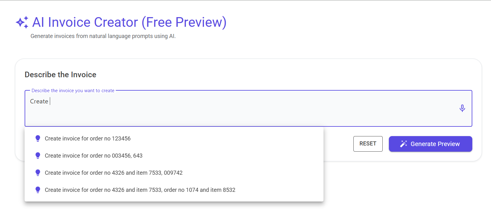 AI Invoice Creator Interface