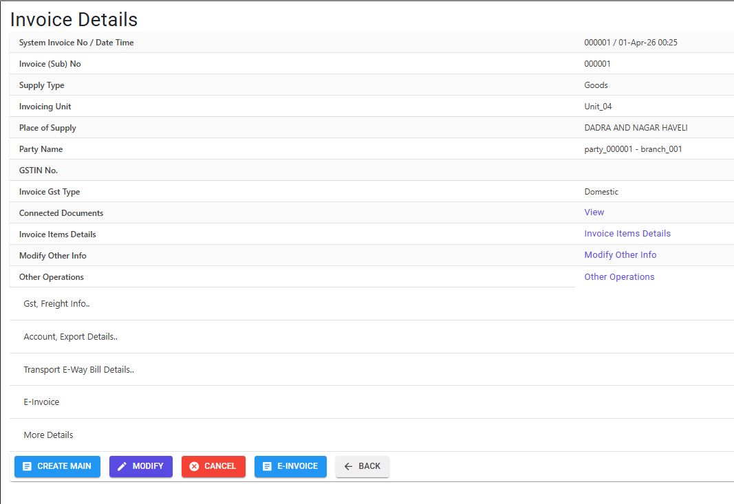Sales Invoice Creation Details