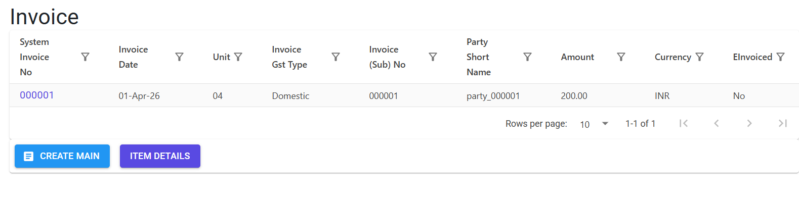 Sales Invoice Index Page