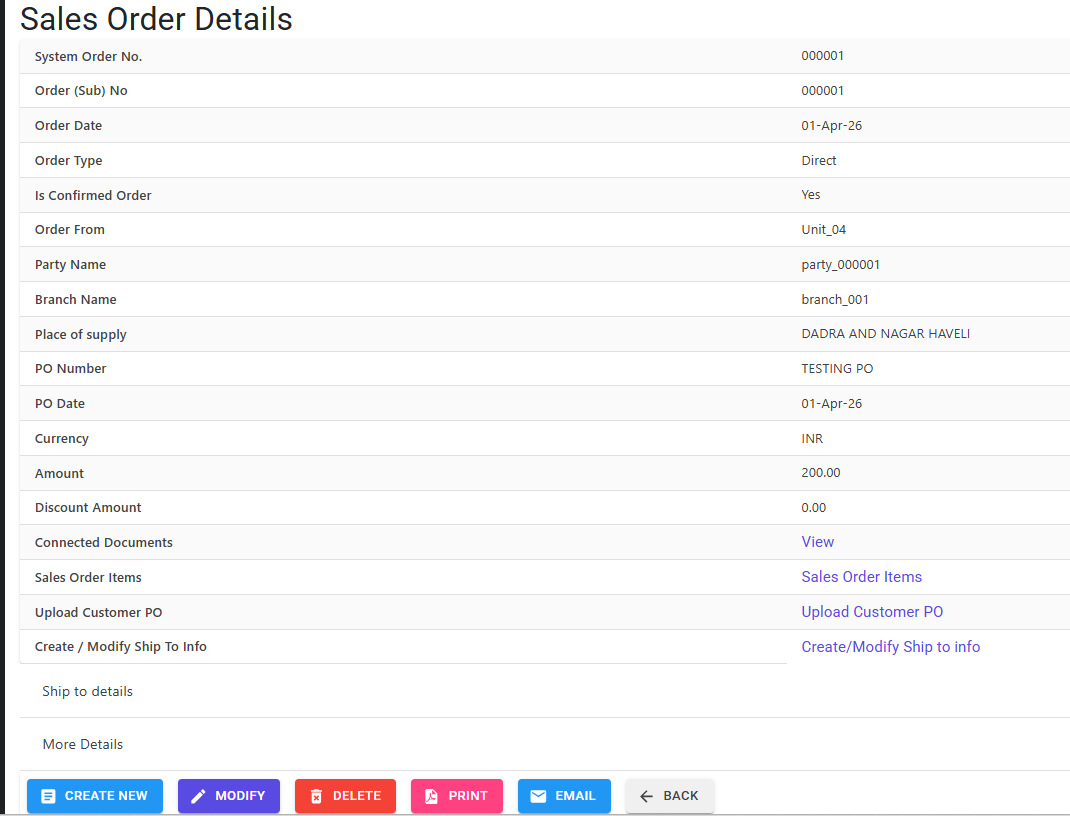 Sales Order Details/Creation Screen