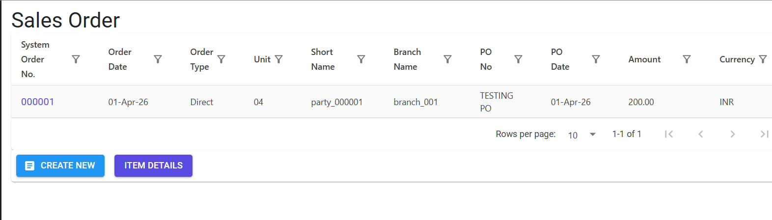 Sales Order Index Page