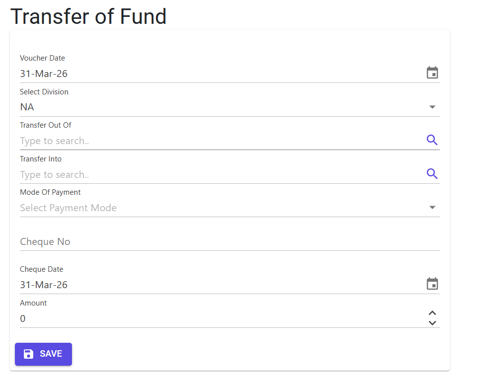 Transfer of Funds Screen