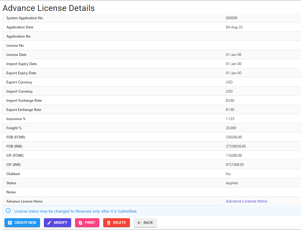 Advance License Creation Details