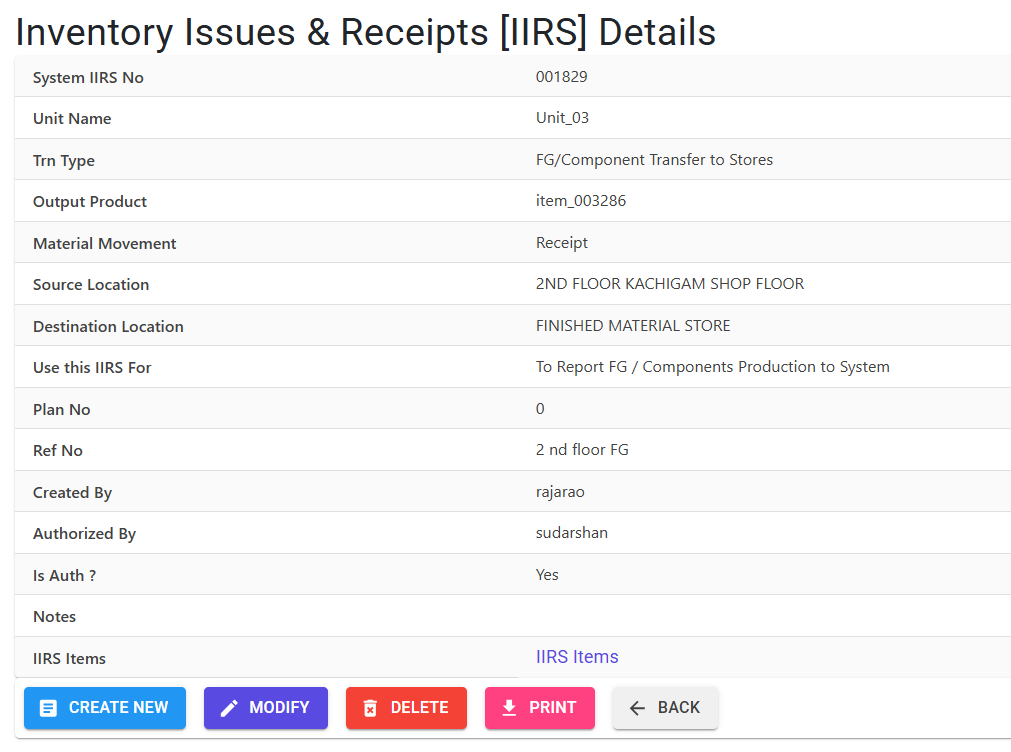 IIRS Details Entry